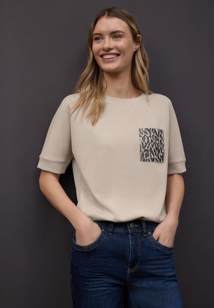 Street One Rundhalsshirt STREET ONE, Damen, Gr. 38, cotton beige, Jersey, Obermaterial: 46% Modal, 46% Polyester, 8% Elasthan, unifarben mit Farbeinsatz, bequem,