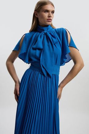 Karen Millen Womens Georgette Tie Neck Woven Midi Dress - Blue - Size 10 UK