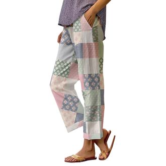 Generic Womens Floral Botanical Print Loose Fit Pocket Casual Pants Lightweight Summer Fashionable Relaxed Wide Leg Pants for Beach Travel Holiday Outdoor Com