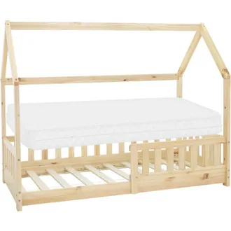 ML Design ML-Design Letto a Casetta per Bambini 80 x 160 cm Naturale, in Legno Massello, Struttura con Protezione Anticaduta, Lettino a Terra Montessori con
