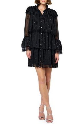 Ciebon Bharti Metallic Fleck Eyeleash Lace Long Sleeve Minidress in Black at Nordstrom Rack, Size X-Small