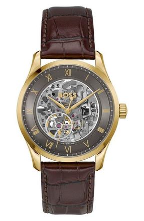 BOSS Principle Skeleton Automatic Leather Strap Watch, 41mm in Gray at Nordstrom, Size 41 Mm