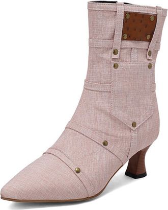 Generic Womens Denim Ankle Booties Pointed Toe Kitten Heels Rivet Decor Cushioned Insole Durable Upper Non Slip Outsole Casual Party Fashion Shoes,Pink,8.5 UK