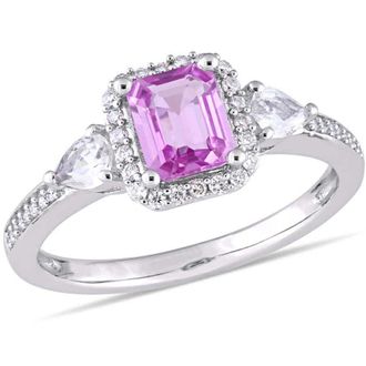 Amour Octagon Shape Pink Sapphire, Pear Shape White Sapphire and 1/6 CT TW Diamond Halo 3-sTone Ring In 14K White Gold