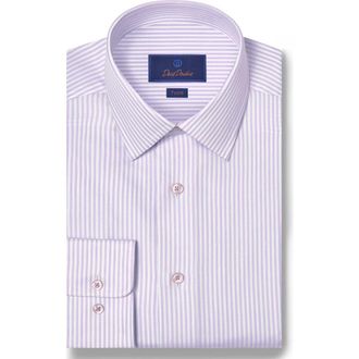 David Donahue Trim Fit Herringbone Stripe Cotton & Silk Dress Shirt in White/Lilac at Nordstrom, Size 15.5 - 34