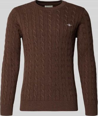 GANT Strickpullover mit Zopfmuster und Label-Stitching in Schoko, Gr&ouml;&szlig;e XXXL