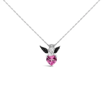 House of Brilliance Sterling Silver Diamond Accent & Created Pink Sapphire Angel Heart Pendant Necklace