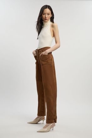 Karen Millen Womens Suede Utility Trousers - Beige Leather - Size 14 UK