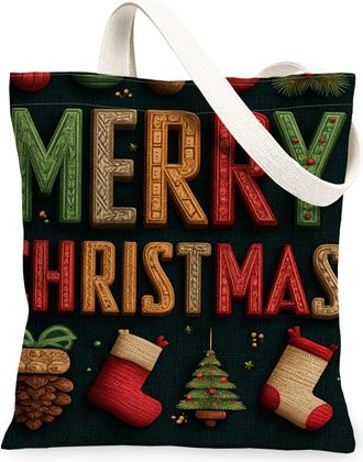 Generic Merry Christmas Canvas Tote Bags, Holiday Themed Reusable Grocery Bags, Vintage Rustic Lightweight Washable Shoulder Strap, Black, 13x15 Inch