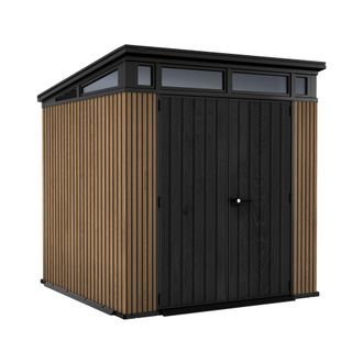Keter Pent 7x7 - Caseta De Jard&iacute;n 216x226x218 Cm 2 Puertas Para Almacenamiento De Herramientas Acabado Efecto Madera Evotech+ En Resina Marr&oacute;n Y Negra