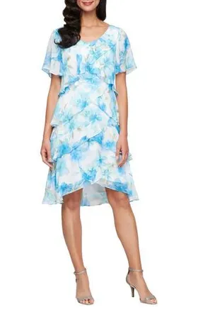 S.L. Fashions Floral Print Tiered Dress in Blue/Ivory Multi at Nordstrom Rack, Size 6
