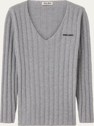 Miu Miu Cashmere-Wool Rib V-Neck Sweater