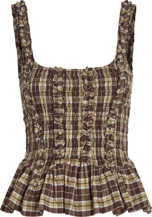Damson Madder Raphi Checked Shirred Cotton-poplin Cami top - Multicoloured - 12 (UK12 / M)