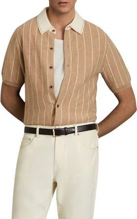 Reiss Worthy Stripe Short Sleeve Wool Button-Up Shirt in Camel at Nordstrom Rack, Size Small