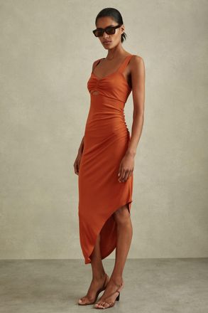 Reiss Womens Orange Ruched Jersey Midi Dress, Size: 16