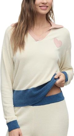 Barefoot Dreams CozyChic Ultra Lite Heart Accent Johnny Collar Lounge Top in Cream Multi at Nordstrom, Size X-Small