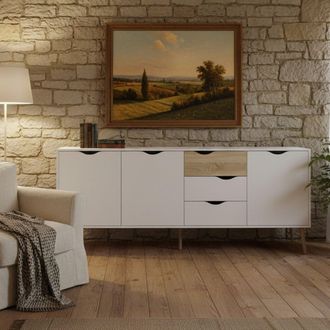 Dmora Aparador Con Tres Puertas Y Tres Cajones, Blanco Y Roble, Medidas 195 X 81 X 39 Cm, Con Embalaje Reforzado - Dmora