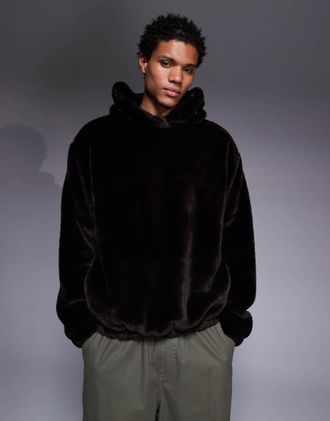 Asos Felpa comoda in pelliccia sintetica marrone con cappuccio e tasche con entrata laterale