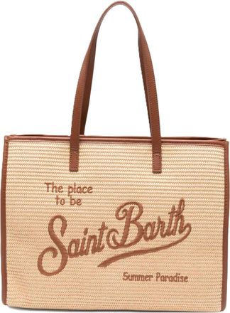 MC2 Saint Barth Rectangular Woven Tote Bag with Embroidered Text