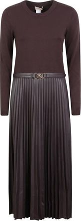 Twinset Lange gebreide jurk met rok in lederlook - Dames - Jurken - Bruin - Maat: M