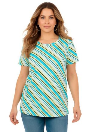 Roaman's Plus Size Cotton Ultimate Crewneck Tee in Turq Diagonal Stripe at Nordstrom, Size Small