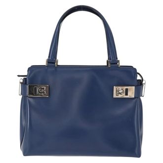 Ferragamo Double Gancini Side Buckle Tote Leather Blue Leather Handbag (Pre-Owned)