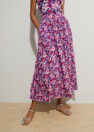 Bonprix Sommerrock BONPRIX, Damen, Gr. 38, lila (tiefviolett, fuchsiapink floral), Jersey, Obermaterial: 100% Viskose, gebl&uuml;mt, ausgestellt 7/8-L&auml;nge, R&ouml;cke S