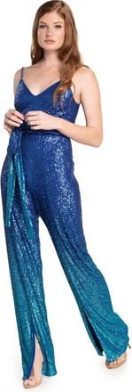 Dress The Population Stevie V-Neck Slit Leg Jumpsuit In Blue