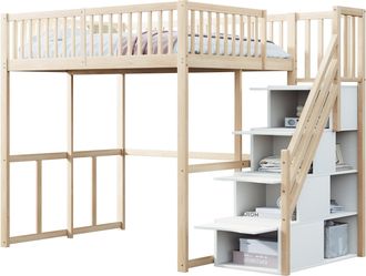 STILVORA Cama Alta 140 X 200 Cm Con Escalera De Almacenamiento Y Barandilla, Sin Colch&oacute;n, De Madera, Madera Natural