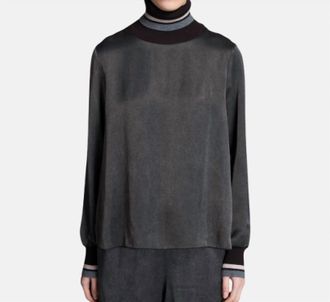 Tricot Chic Striped Turtleneck Long Sleeve Sweater In Grey Brown