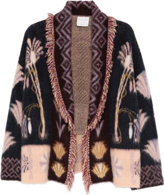 Forte_Forte floral-pattern fringed cardigan - women - Alpaca/Wool/Cashmere/Polyamide - III - Purple