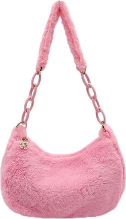 Generic Vintage Women Winter Plush Pure Color Shoulder Bag Casual Chain Underarm Bags (Pink)