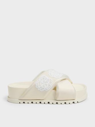 Charles & Keith Satin Embroidered-Flower Crossover Sandals