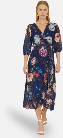 Yumi Watercolour Dip Hem Midi Wrap Dress in Navy at Nordstrom, Size 10