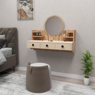 Dmora Toiletta Canistro, Mueble De Tocador Con Espejo Incluido, 3 Cajones, Estructura Beige, 90x37x75h Cm Roble Marr&oacute;n Nodo