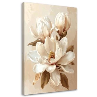 Feeby Cuadro Sobre Lienzo Magnolias Crema Con Hojas Marrones En Un Estilo Cl&aacute;sico 80x120