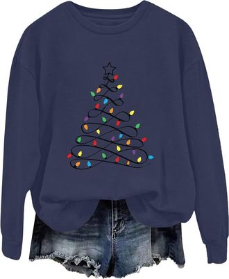 Generic Christmas Jumpers for Women Plus Size, Tree Graphic Print Xmas Sweatshirt Soft Crewneck Long Sleeve Funny Christmas Tops for Women Navy
