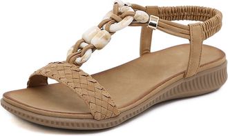 Generic Summer Ladies Woven Beaded Sandals Fashion Casual Beach Footwear with Decorative Buttons for Women (Brown, 6.5)