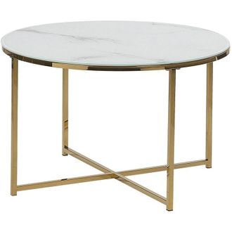 Beliani Mesa De Centro Efecto M&aacute;rmol De Vidrio Templado Blanco Dorado 70 Cm Quincy