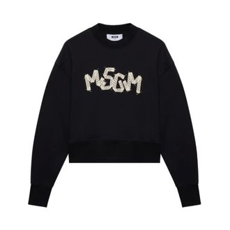 Msgm Sweatshirts, female, Black, Size: M Embroidered Sweatshirt