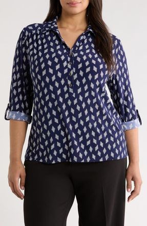 Anne Klein Geometric Print Half Placket Shirt in Distant Mountain/White Dove at Nordstrom, Size 3 X
