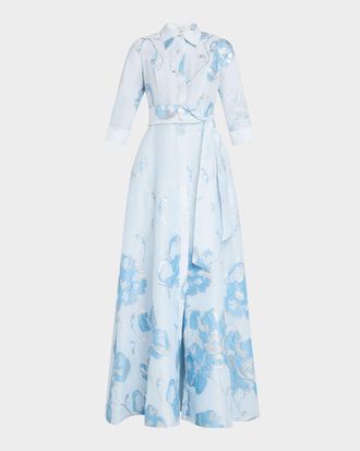 Teri Jon A-Line Metallic Jacquard Shirt Gown