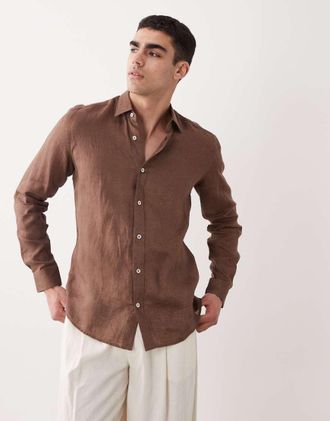 Mango Camicia a maniche lunghe marrone in 100% lino