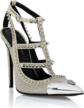 Philipp Plein Leather Strass Sandals High Heels Studs Women in Beige at Nordstrom, Size 39