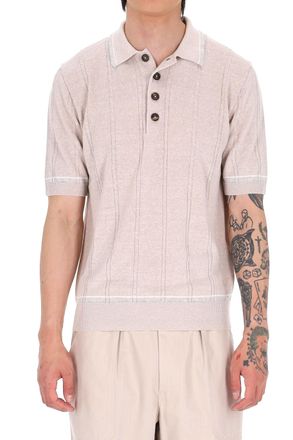 Eleventy Beige Cable-Knit Linen-Cotton Polo Shirt