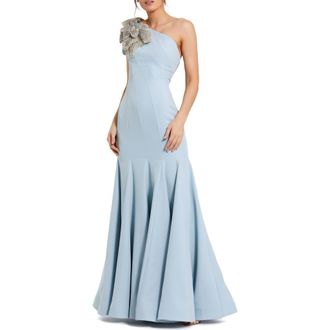 Mac Duggal Petite Crepe One Shoulder Gown With Flower Detail in Powder Blue at Nordstrom, Size 10P