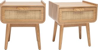 Miliboo Set De 2 Mesillas De Noche Con Caj&oacute;n De Madera Maciza Clara Y Ca&ntilde;a De Rat&aacute;n Ath&egrave;ne