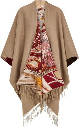 Ferragamo Beige Franje Rand Abstract Zijden Sjaal - Dames - Ponchos - Beige - ONE Size - Wol - Jassen