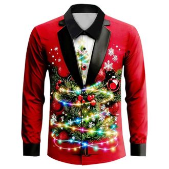 Generic Mens Novelty Christmas Shirt Tuxedo Suit Style Digital Print, Red Festive Button Down with Christmas Tree Snowflakes Design for Xmas Parties Costumes 