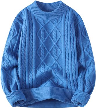 Generic Mens Aran Jumper Fairisle Cable Knit Jumper Long Sleeve Crew Neck Oversized Vintage Sweater Oversized Strickpullover Warm Long Sleeve Knit Jumpers Blu